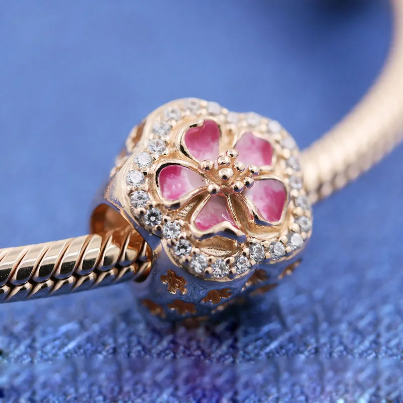 Rose Gold Plated Silver Metal Pink Sparkling Peach Blossom Flower