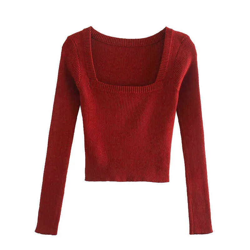 Evffffer Jesień Sprint Kobiety Vintage Square Collar Za Czerwony Krótki Krótki Pullover Topy Kobiet Dorywczo Długi Rękaw Elastyczne Swetry Y1110