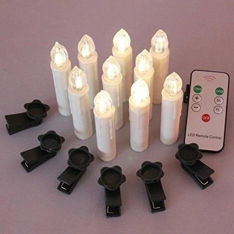 Set med 10PC fjärrkontrollerad simulering LED Taper Candle Tealight Trådlösa batteridriven W / ControllerClips Bröllop Xmas Tree strängar