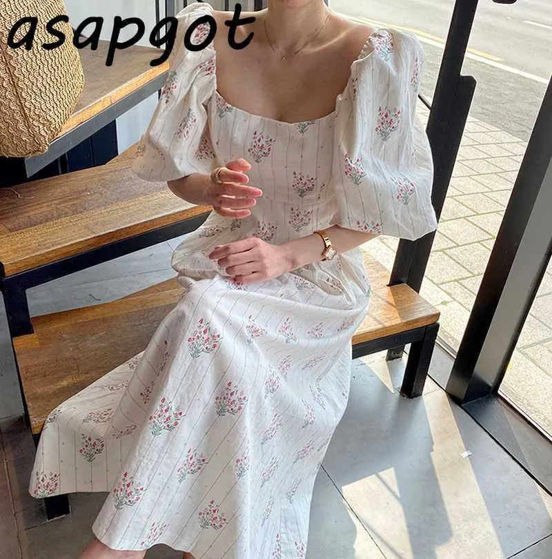 Vestidos verano chic coreano elegante suave blanco soplo manga corta cuello cuadrado bordado floral vestido dulce niñas dama suelta 210610