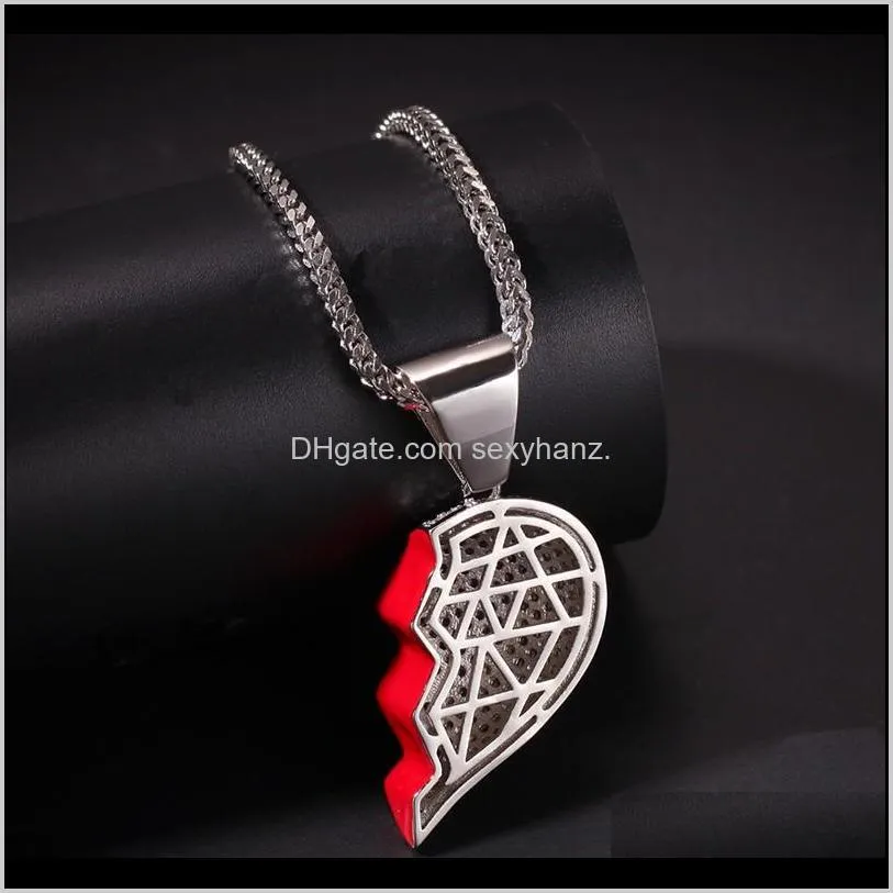 iced out broken heart pendant necklace for mens womens fashion hip hop jewelry lover necklaces 1 pair
