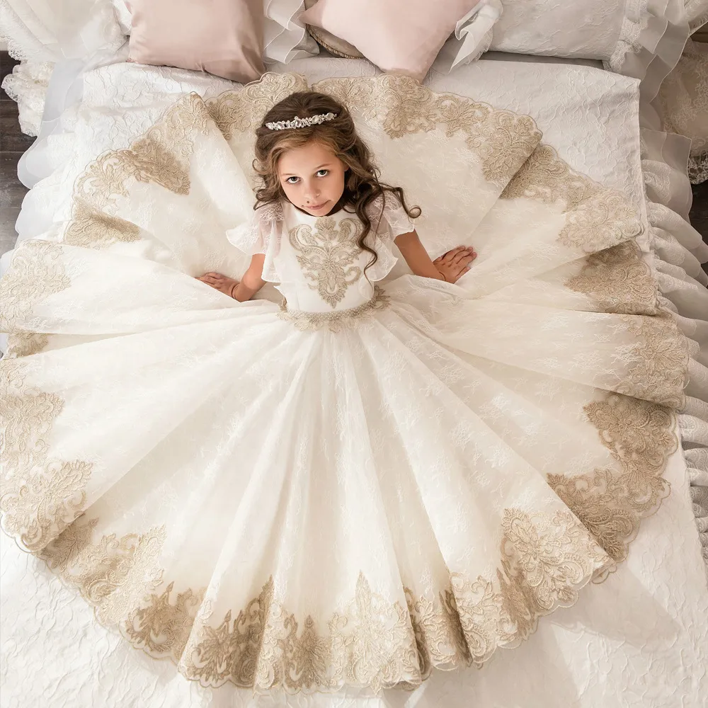 Gold Spaghetti Strap flower girl dress with Lace Appliques and Tiered Skirt - Perfect for Weddings, Pageants, and Birthdays - A-Line Style for Kids -