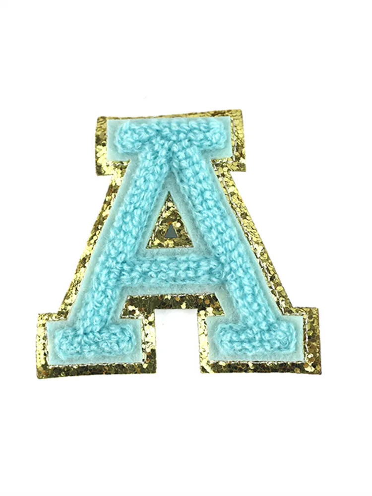 Blue Color Chenille Fabric Letters Patches Towel Embroidery Rainbow Gritt Alphabet Iron on Sticker I Love You Clothing DIY Accessory Name Badge