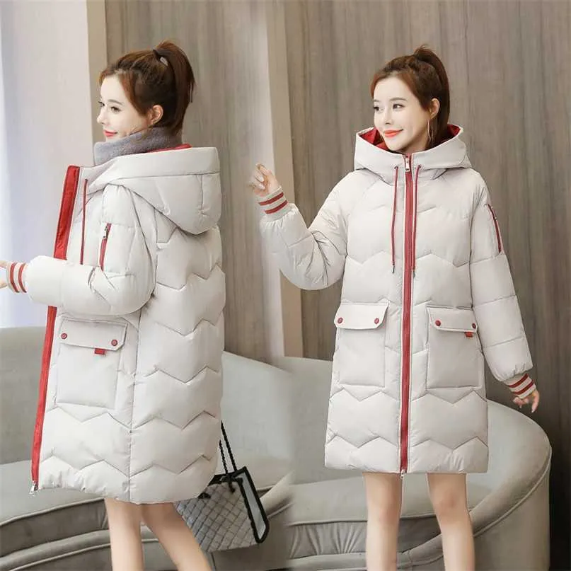 아래로 파카 여성 겨울 두건 워드 코트 플러스 사이즈 긴 옷 느슨한 재킷 색깔 퀼트 빵 2008 211216