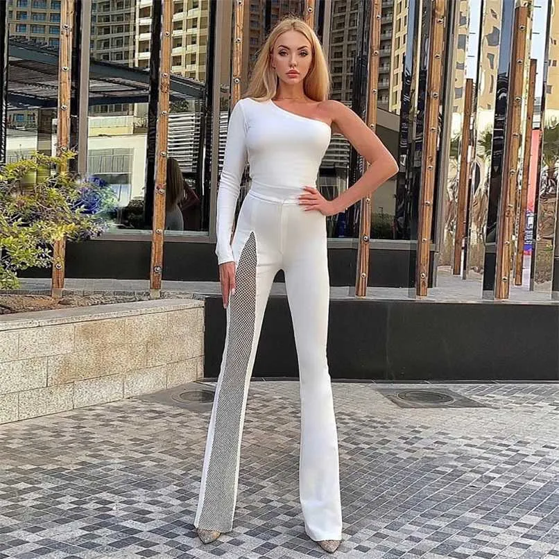 Ailigou White Women's One Shoulder Long Sleeve Bandage Jumpsuit Sexy Hollow Skinny Celebrity Party Jumpsuit Vestidos 211119