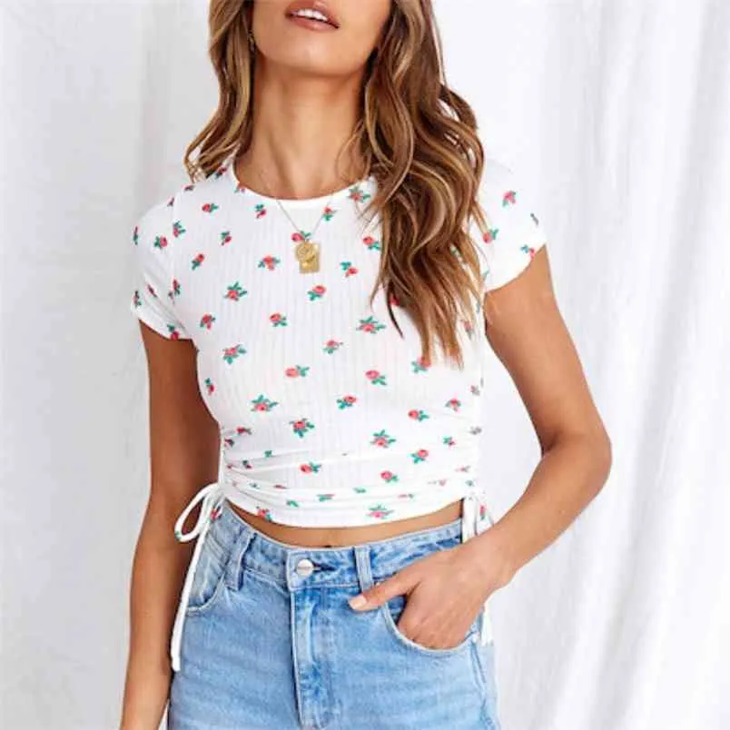 花の作物トップTシャツの女性カジュアルO首の半袖ティープリントサイドドローストリング基本Tシャツストリートウェア夏210522