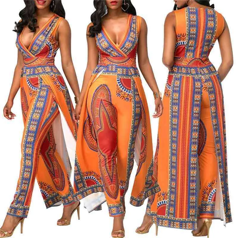 여성 폭발 모델을위한 BAIBAZIN 아프리카 드레스 패션 가을 위치 인쇄 오렌지 민족 바지 210408