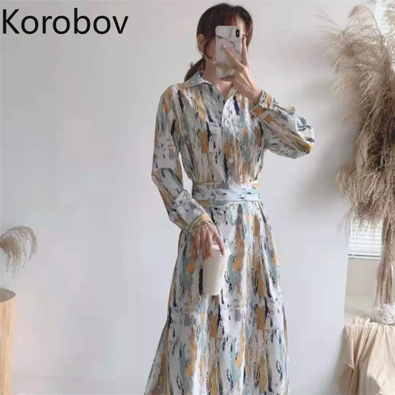 Korobov Primavera Verão Novas Mulheres Vestido Coreano Hit Cor listrado Sashes Slim Vestidos Mujer Escritório Senhora Senhora Manga Longa Vestidos 210430