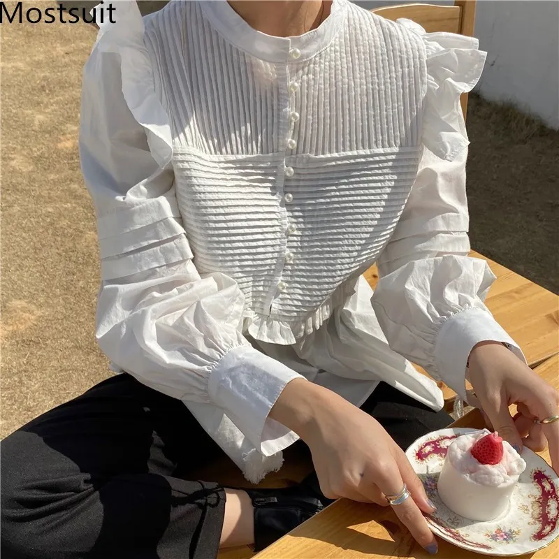 Alta Qualidade Branca Blusas Vintage Camisas Mulheres Ruffles Manga Single-Breasted Coreano Elegante Moda Blusas Tops Femme 210518