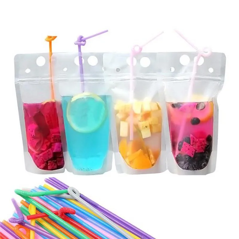 2022 Clear Drink Pouches Bags frosted Zipper Stand-up Plastic Drinking Bag Reclosable Heat-Proof 17oz with straw with holder