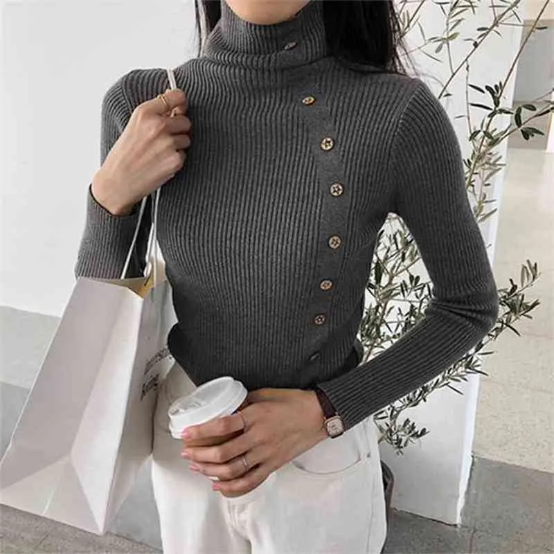 Wiosna Jesień Turtleneck Sweter Damskie Przyciski Dekoracja Solid Slim Knit Pullover Jumper M9D303Y 210421