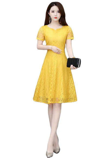Women's Lace Midi Dress with Short Sleeves, Plus Size Available