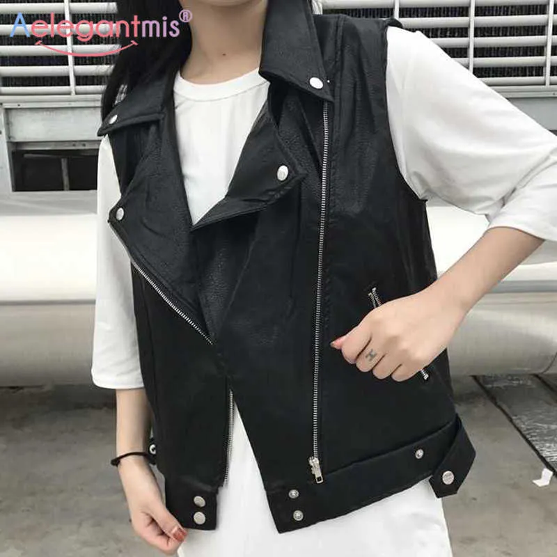 Aelegantmis Women Vintage Pu Leather Waistcoat Female Sleeveless Motorcycle Vest Ladies High Waist Slim Outerwear Tops 210607