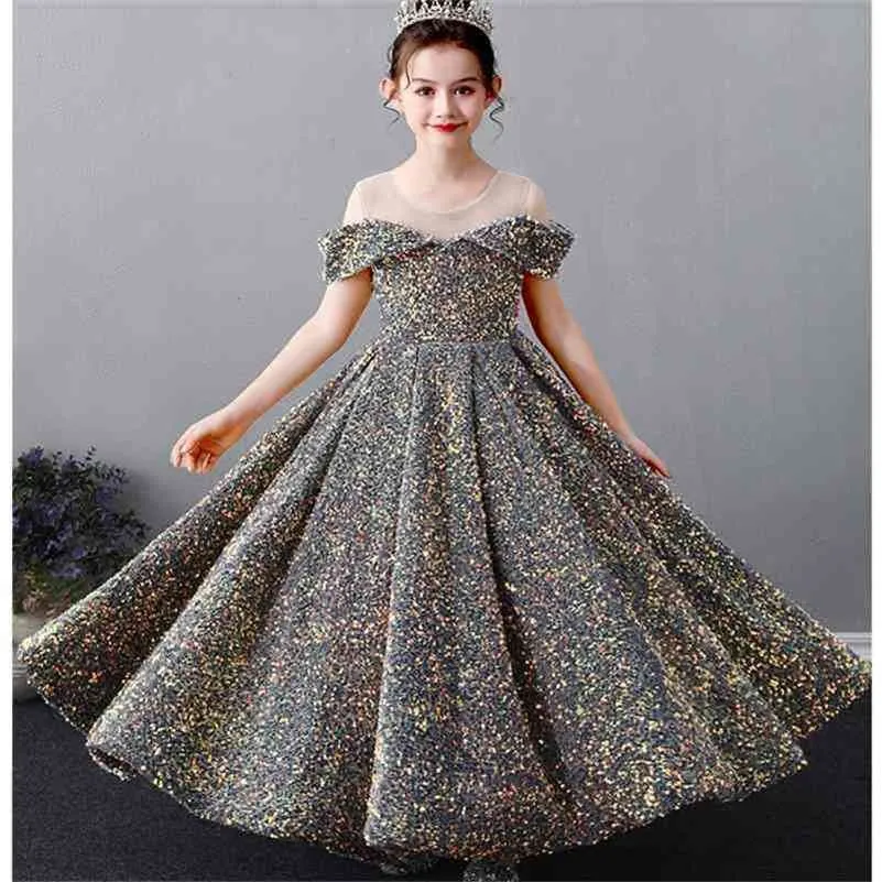 Sequin Lace Girls Princess Flower Girl Dresses Wedding Birthday Party Long Gown Formal Pageant Gowns Junior Bridesmaid Clothes 210331