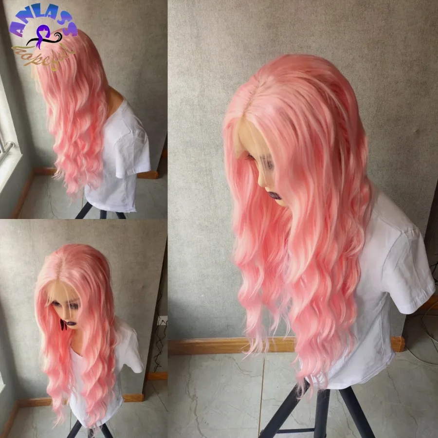 Long Water Wave Synthetic Lace Front Wig In Pink For Black/White Women 13X3  Middle Part Pink Cosplay Wig From Bkebeautyhair, $28.05 | DHgate.Com, image size:900x900