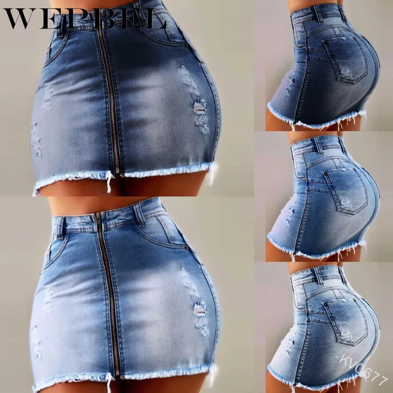 WEPBEL Women's Gradiënt Rok Zomer Casual Hoge Taille Sexy Hole Zip Pencil Denim Mini Rok X0428