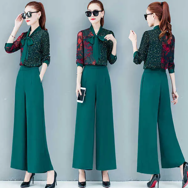 spring fashion casual women small fragrance printed bow shirt 2 piece set temperament wide leg pants suit 210531