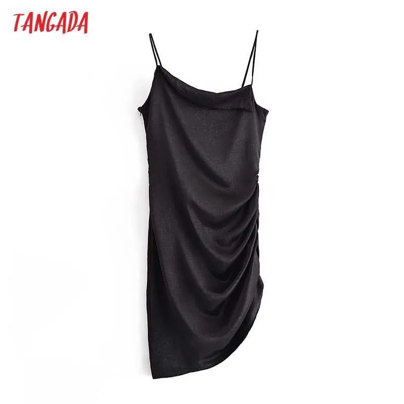 タンガダの女性の純正黒プリーツサテンのドレスストラップノースリーブサイドジッパー韓国のファッションレディセクシーなドレスvestido 3W162 210609