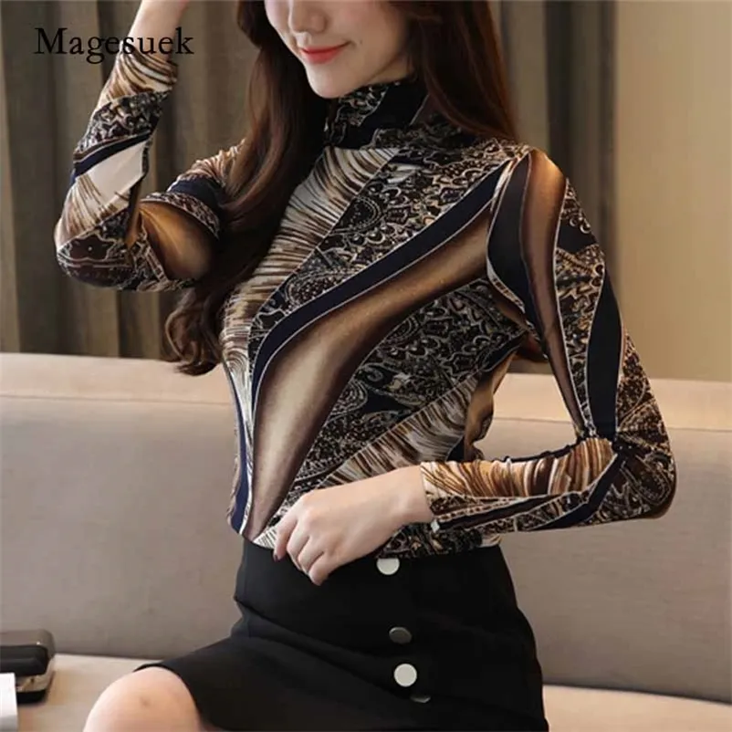 Autumn Fashion Print Blouse Plus Size Long Sleeve Women's Stand Collar Elegant Shirts Blusas Mujer De Moda1085 210518