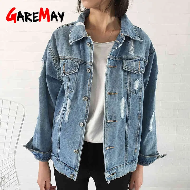 Women Basic Coat Denim Jacket Winter For Jeans ripped Frayed Lady Loose plus size 210428