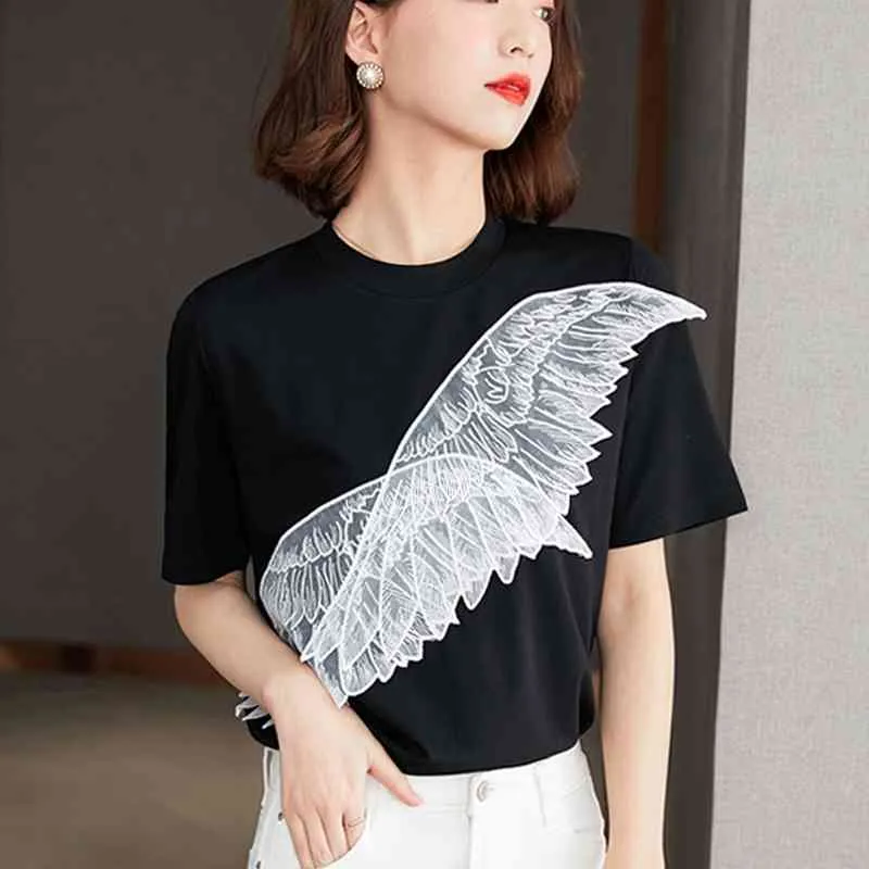 Korean O Neck Cotton Casual Loose Wing Haft VintageT T-shirt Czarny Krótki Rękawy Kobiet Kobiety Koszulki 122C 210420