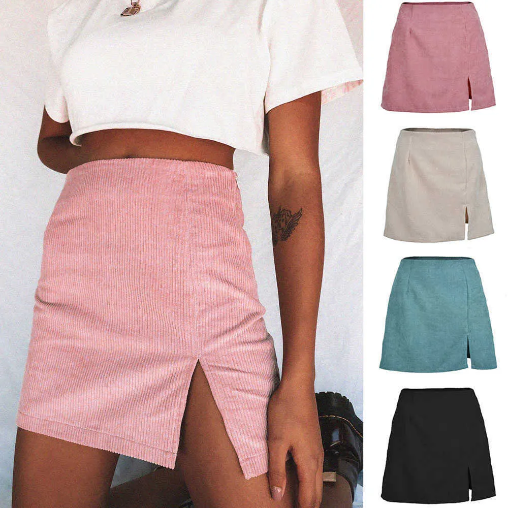 Jocoo Jolee Elegant High Waist Corduroy Mini Skirts Sexy Split Short Skirts Vintage Harajuku Autumn Solid A Line Skirts 210619