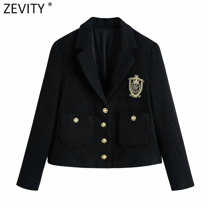 Femmes Angleterre Style Badge Patch Breasted Laine Blazer Manteau Vintage Manches Longues Poches Femme Survêtement Chic Tops CT663 210420