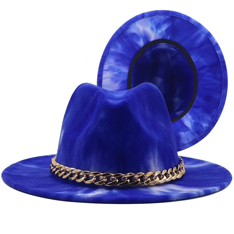 Sombreros Fedora de fieltro de lana sintética teñidos con ala ancha con cadena dorada, gorra superior de Jazz para hombres y mujeres, sombrero Formal de fiesta de Panamá