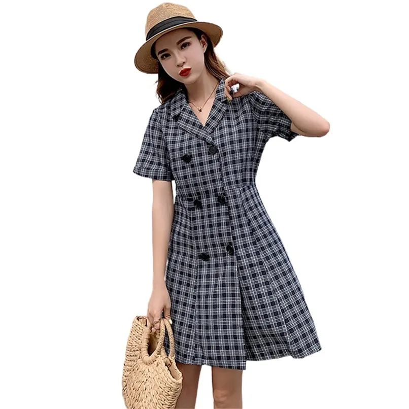 4XL Mode Robe Femme Summer Loose Slim Check Double-Breasted Costume Col à manches courtes Grande taille 210520