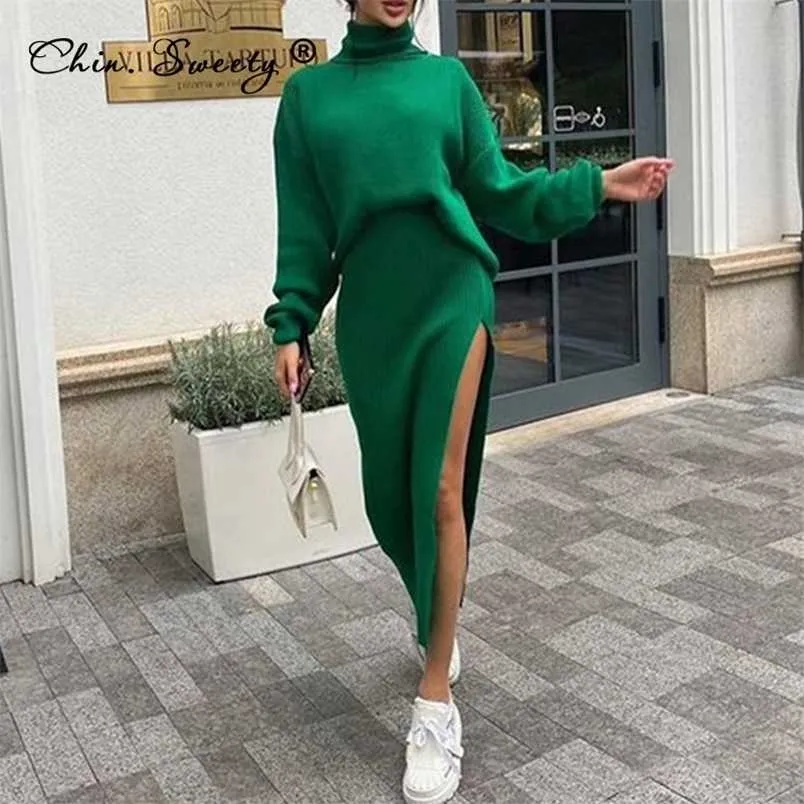 Turtleneck Knitted Sweater Skirt Two Pieces Set Women Autumn Winter Long Sleeve Pullover Sexy Side Split Midi Skirts Suit 211109
