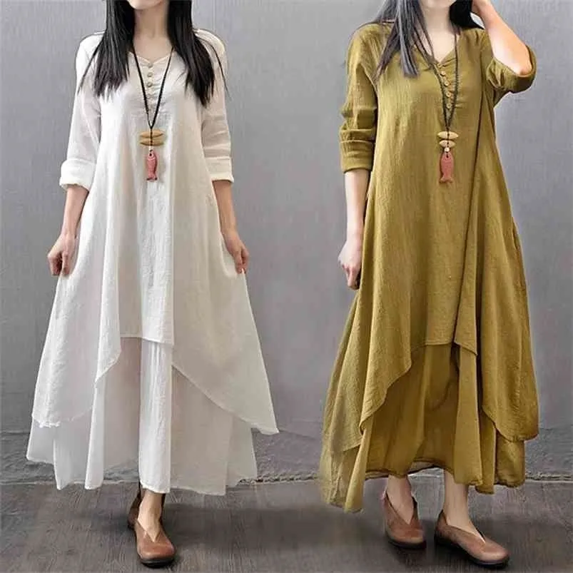 Spring Summer Women Long Cotton Linen Dress White Plus Size False Two Pieces O-Neck Maxi es Office Casual Loose 210623