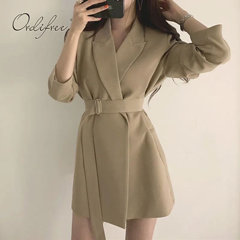 Automne Femmes Blazer Costume Veste Manteau Casual Outwear Office Lady Ceinture Kaki Long Blazers 210415