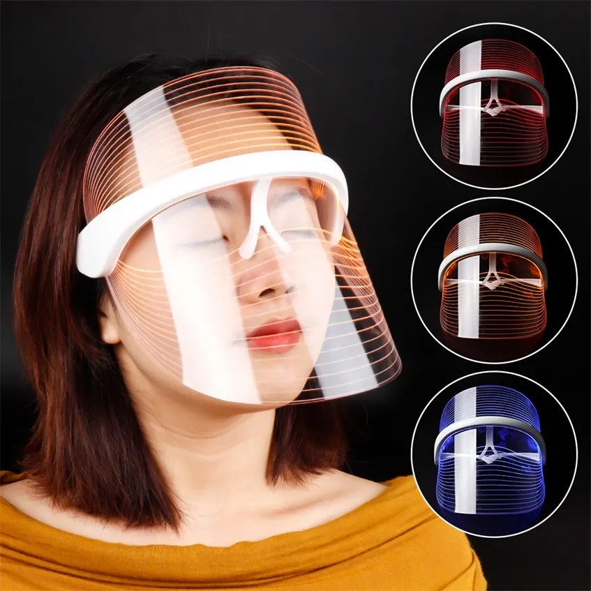 3 Colors LED Light Therapy Face Mask Pon Instrument Anti-aging Anti Acne Wrinkle Removal Skin Tighten Beatuy SPA Treatment 220224