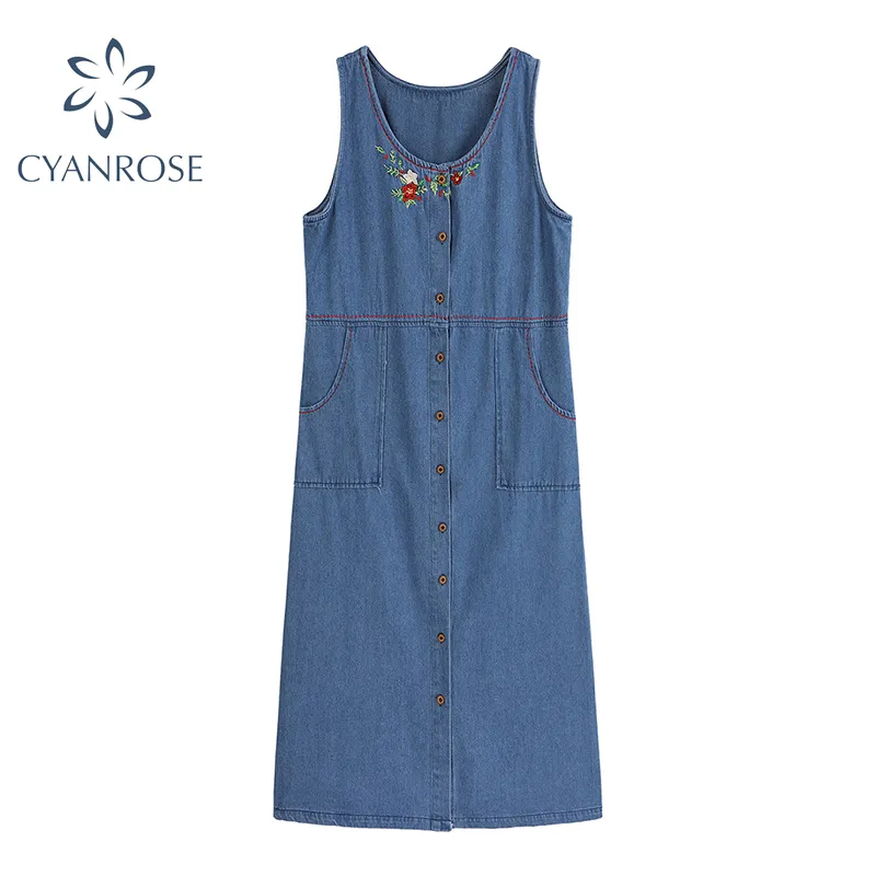 Sleeveless Denim Dress Women Embroidery Single Breasted Button Vintage O Neck Japanese Style Frocks Pencil Straight Dresses 210417