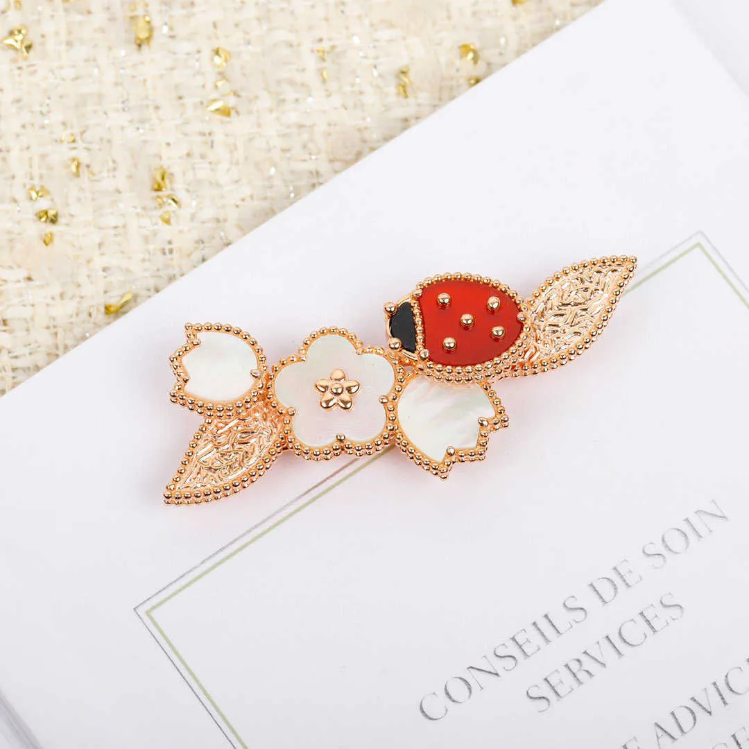 Topkwaliteit luxe merk puur 925 zilveren sieraden mooie lieveheersbeestje geluk lente ontwerp kersenblad parelmoer edelsteen broche