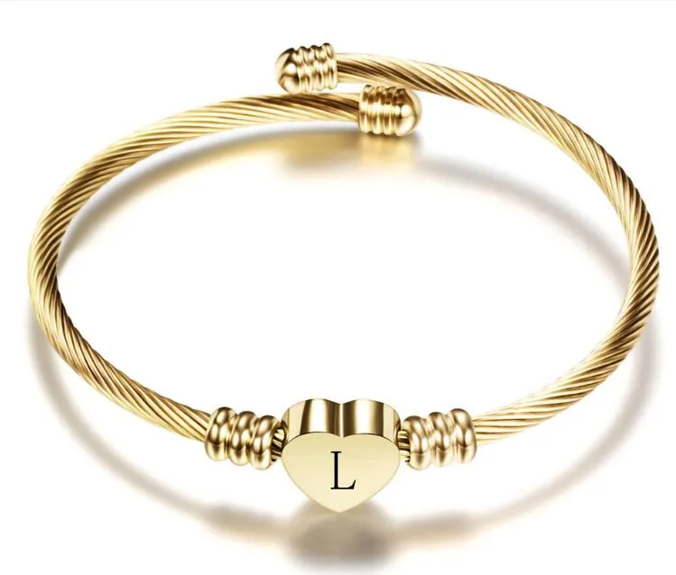 Guldfärg Rostfritt stål Hjärta Armband Bangle med brev Mode Initial Alphabet Charms Armband för kvinnor GC601