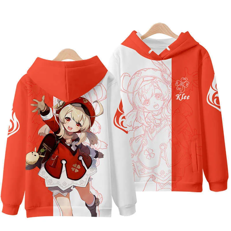 Für das 3D-gedruckte Spiel GENShin Impact Longärmedose Hoodies Fischl Klee Diluc Cosplay Top Coat Mods Mods Frauen Kapuze-Sweatshirt Y0903