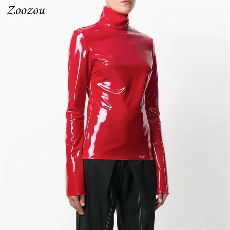 Kadınlar Faux Patent Deri Balıkçı Yaka Tops Uzun Kollu Gömlek Fermuar PVC Kazak Siyah Kırmızı PU Deri Giysi Streetwear Özel 210927