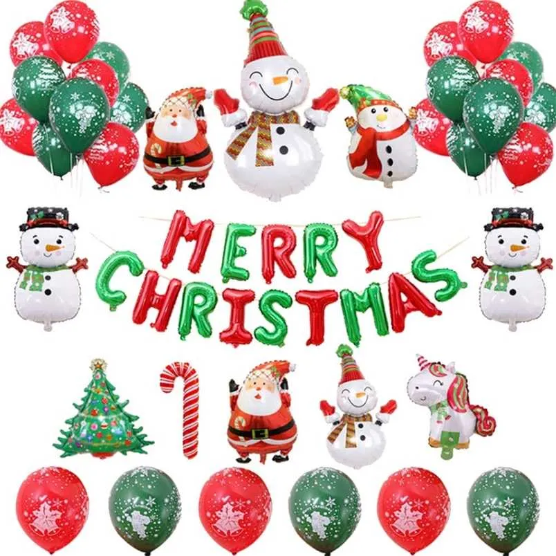 37 adet Merry Christmas Balonlar Set Whit Kamışı Kardan Adam Noel Baba Noel Ağacı Folyo Balon Noel Süslemeleri Malzemeleri 211216
