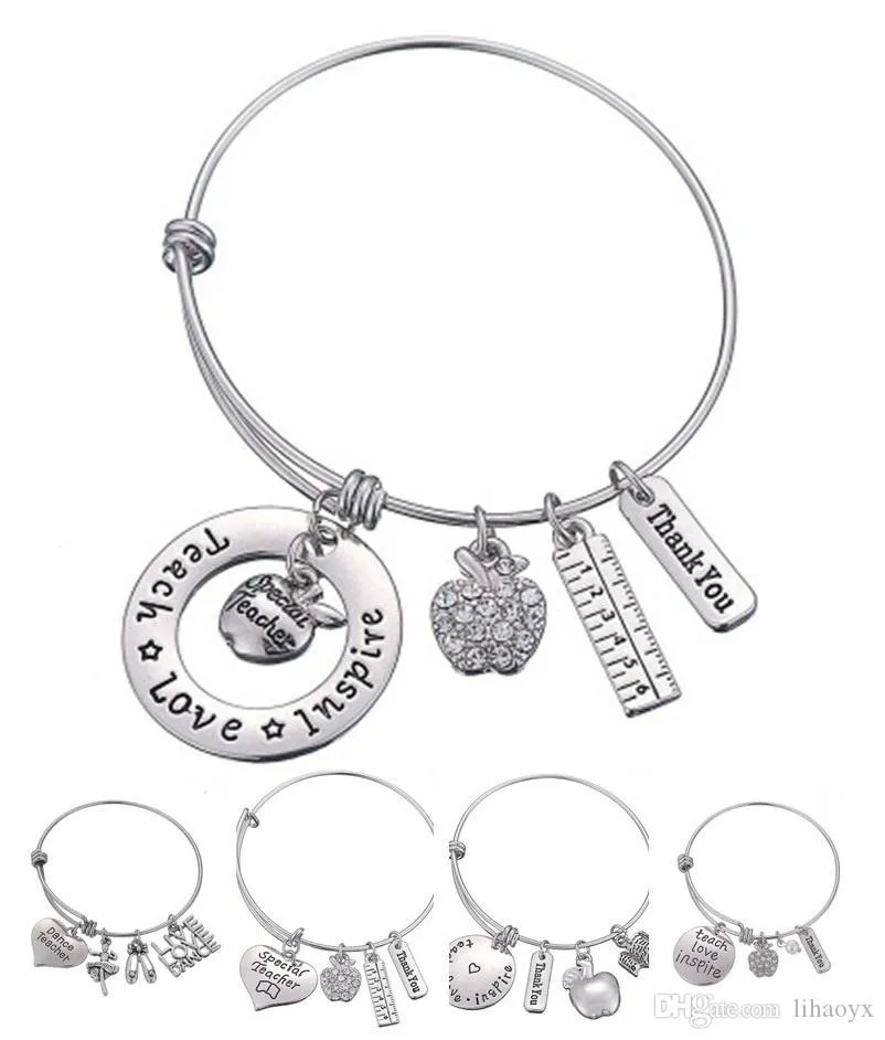 Love Inspire Teach White Crystal Apple Ruler Armband Rvs Hanger Bangle Sieraden Gift Leraar Friend DLH204