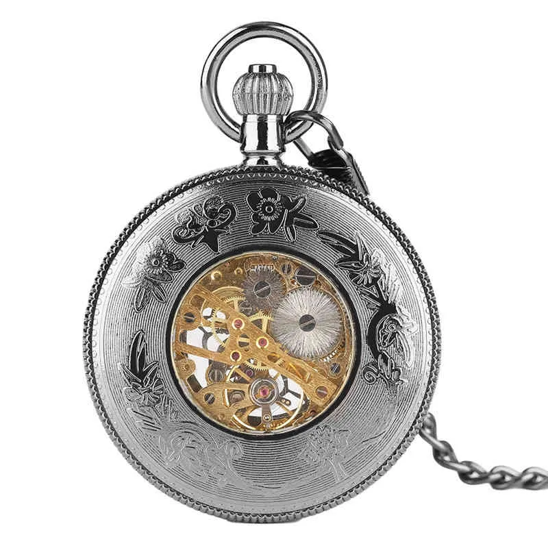 Steampunk Mechanical Pocket Watch Large Visible Crystal Cover Roman Numeral Fob Chain Retro Men Women Clock Best New Year Gifts (2)