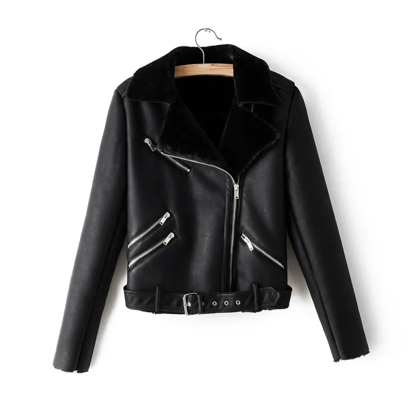 moto women faux leather jackets winter black cool ladies PU coats fashion female fur collar jacket girls coat 210427