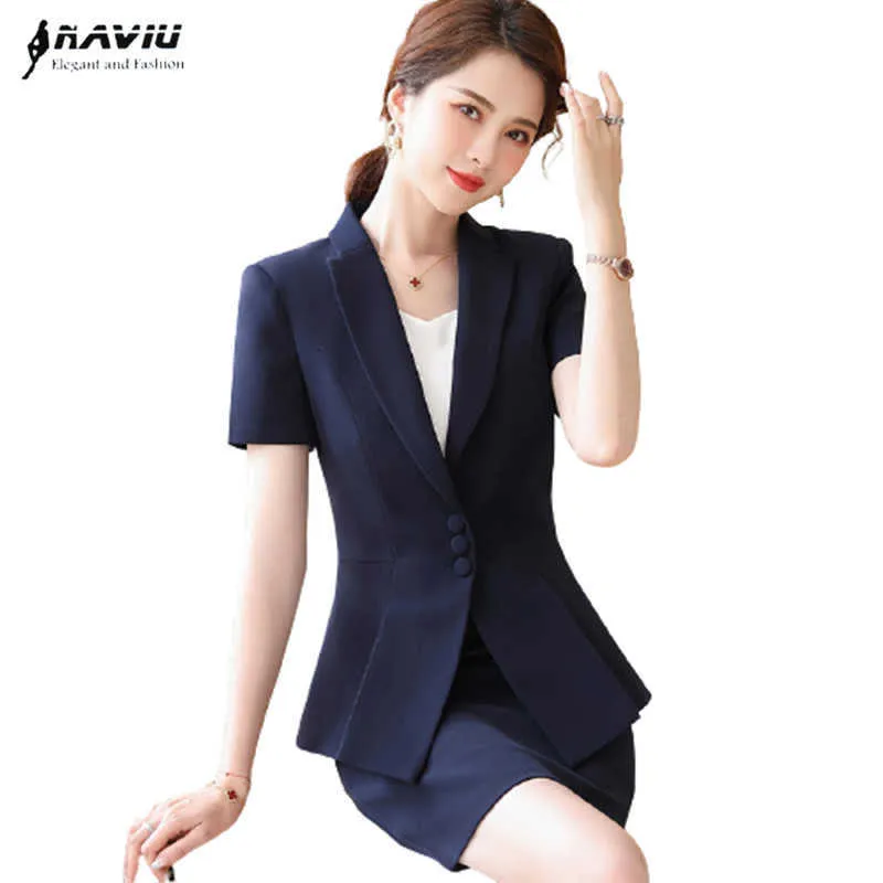 Navy blå kortärmad kostym sommar temperament mode affärer slim blazer och kjol kontor damer arbete bär 210604