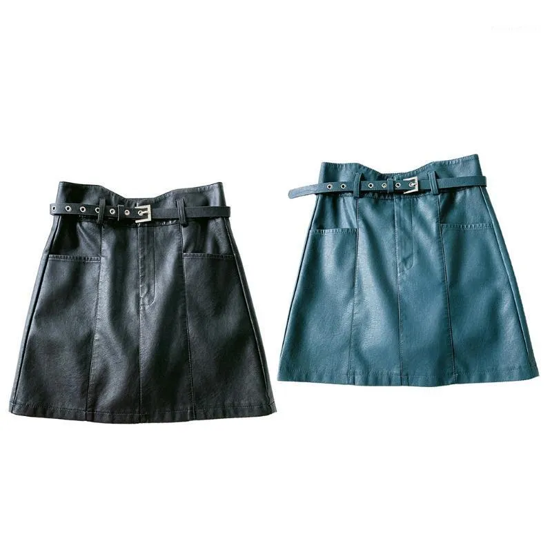 スカートの女性秋の模造レザーのハイウエストAラインミニスカートベルトポケットのセクシーなソリッドカラーボタンジッパーストリートウェア