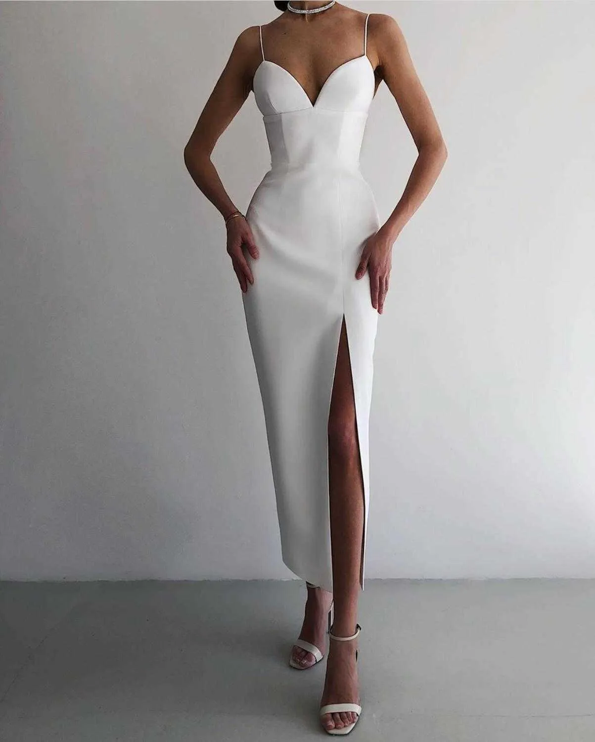 Women Sexy V Neck Split Mid-calf White Bandage Dress Elegant Night Club Prom Celebrity Bodycon Party Vestido 210527