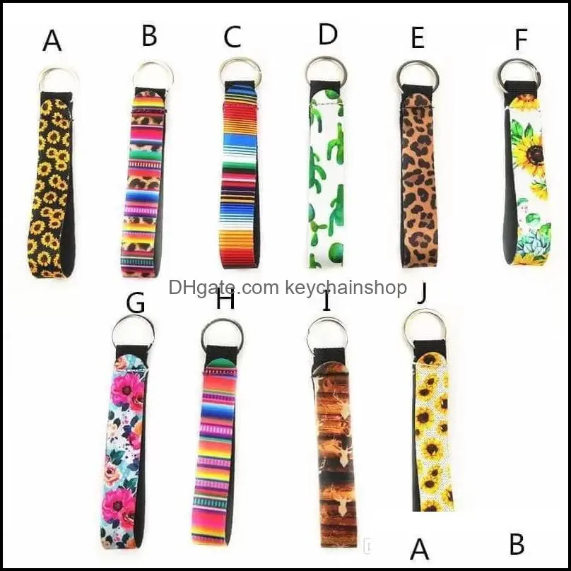 Keychains Fashion Accessories Neoprene Wristlet Lanyard Sunflower Leopard Serape Cactus Prints Strap Band med Split Ring Key Chain Holder C