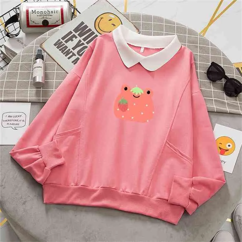 Cute Frog Swearshirt Harajuku Oversized Bluza z kapturem Strawberry Pulling Sweter Graficzna bawełniana bluza z długim rękawem Clothing 210809