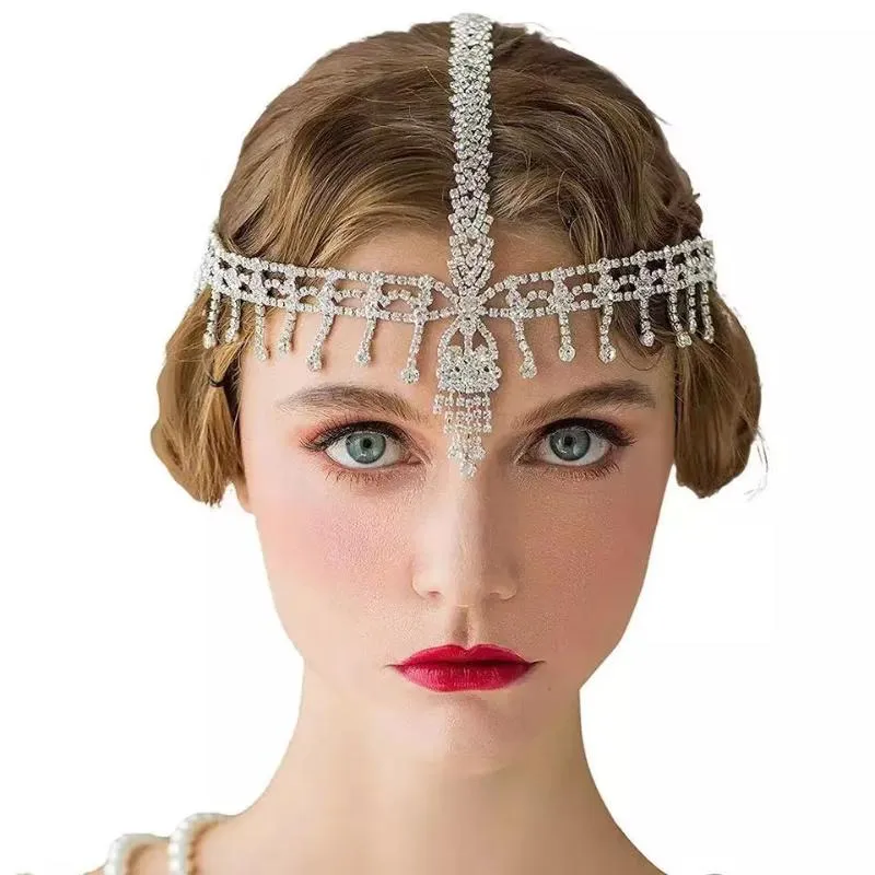 Hårklämmor Barrettes Luxury Bohemian Bride Jewelry Crystal Head Chain Rhinestone pannan Pannband handgjorda