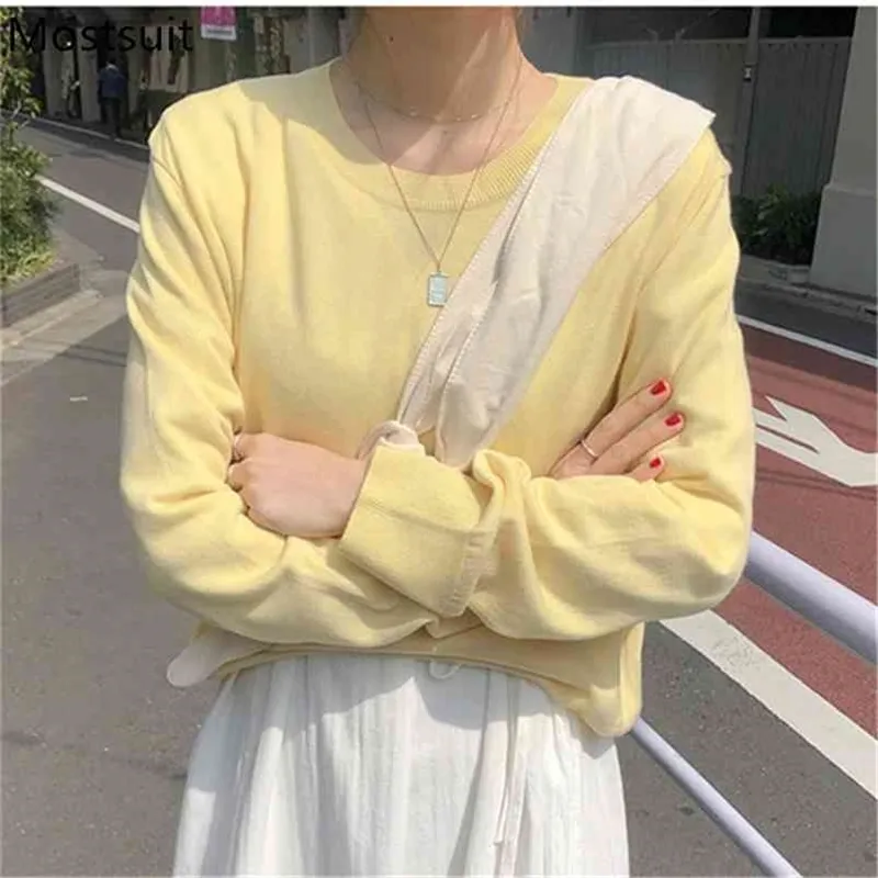 Autumn Korean Solid Knitted Women Sweaters Pullovers Long Sleeve O-neck Tops Casual Fashion Simple Loose Ladies 210513