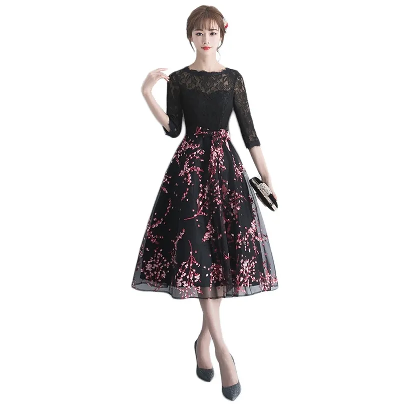 Lace Party Dress Women Summer Half Sleeve Mesh Print Fashion Slim